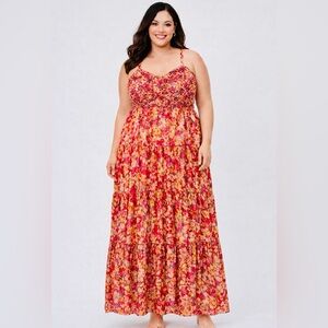 NWT Skies are Blue Floral Print Cotton Spaghetti Strap Smocked Maxi Dress 3X